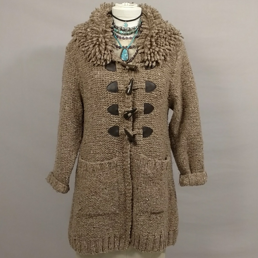 Irish Sweater Jacket Cardigan Coat Natural Neutral Fun Shaggy Collar frt Pockets - Picture 1 of 8